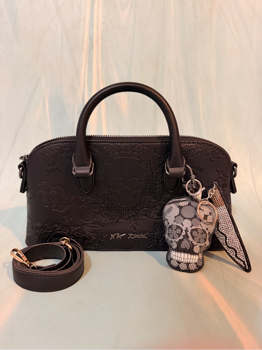 Betsey Johnson Black Embossed Dome Satchel with Skull Charm